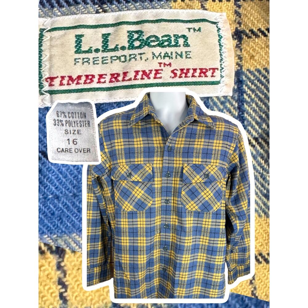 VINTAGE L.L. BEAN TIMBERLINE SHIRT — Yellow Blue Plaid Button Down 16